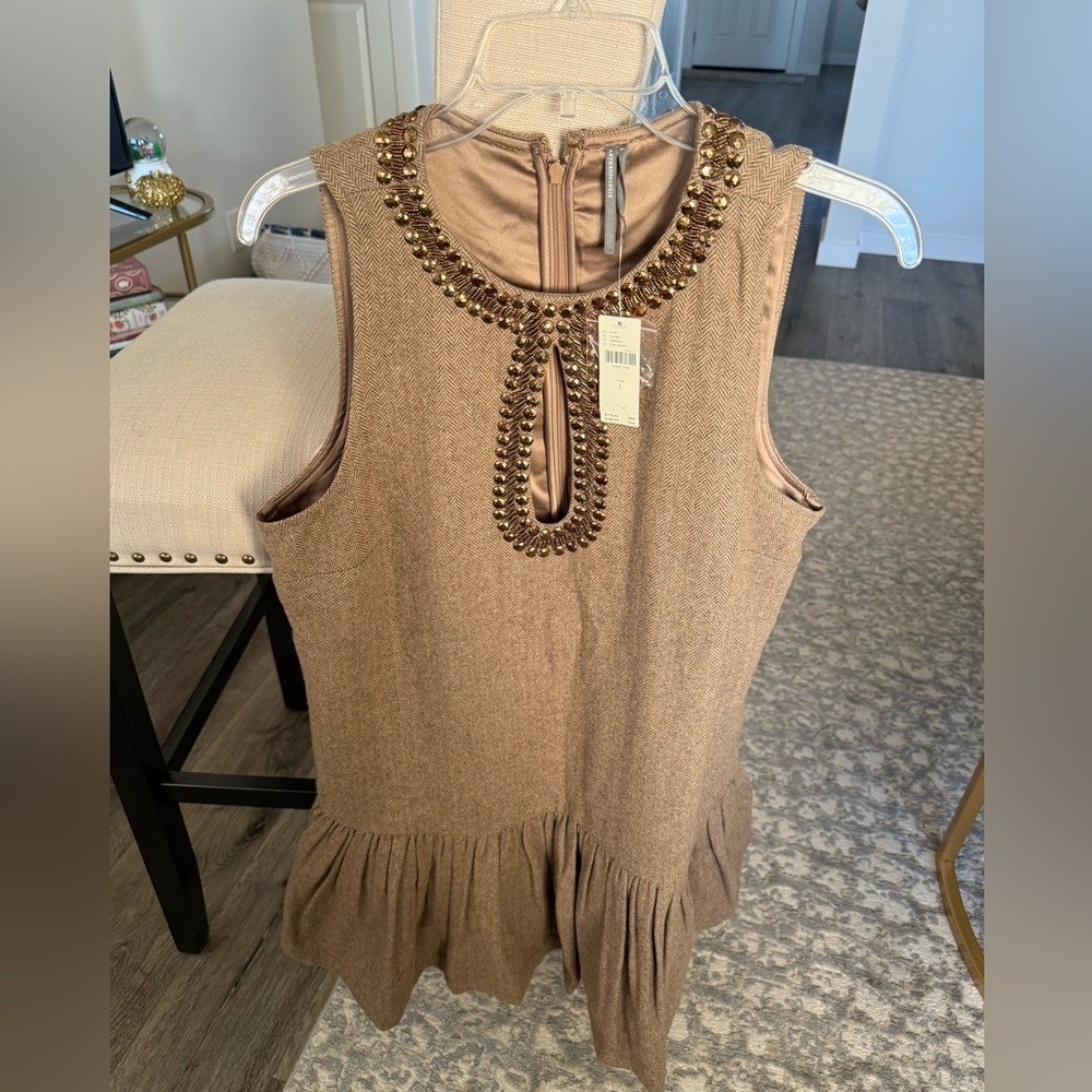 NWT ANTHROPOLOGIE Beaded Keyhole Wool Blend Mini Dress, Brown, Large, $178 MSRP - Picture 4 of 8
